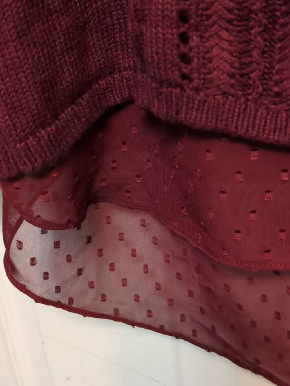 Lucky Brand Layered Sweater Sz M Chiffon Flyaway Back Maroon Romantic Feminine - Picture 2 of 8